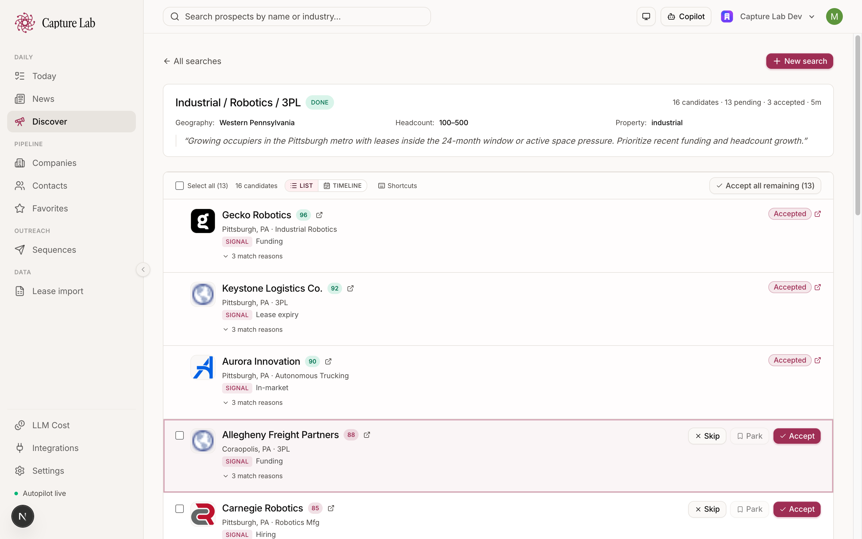 Capture Lab Discover — a completed thesis search with ranked candidate companies and match scores.