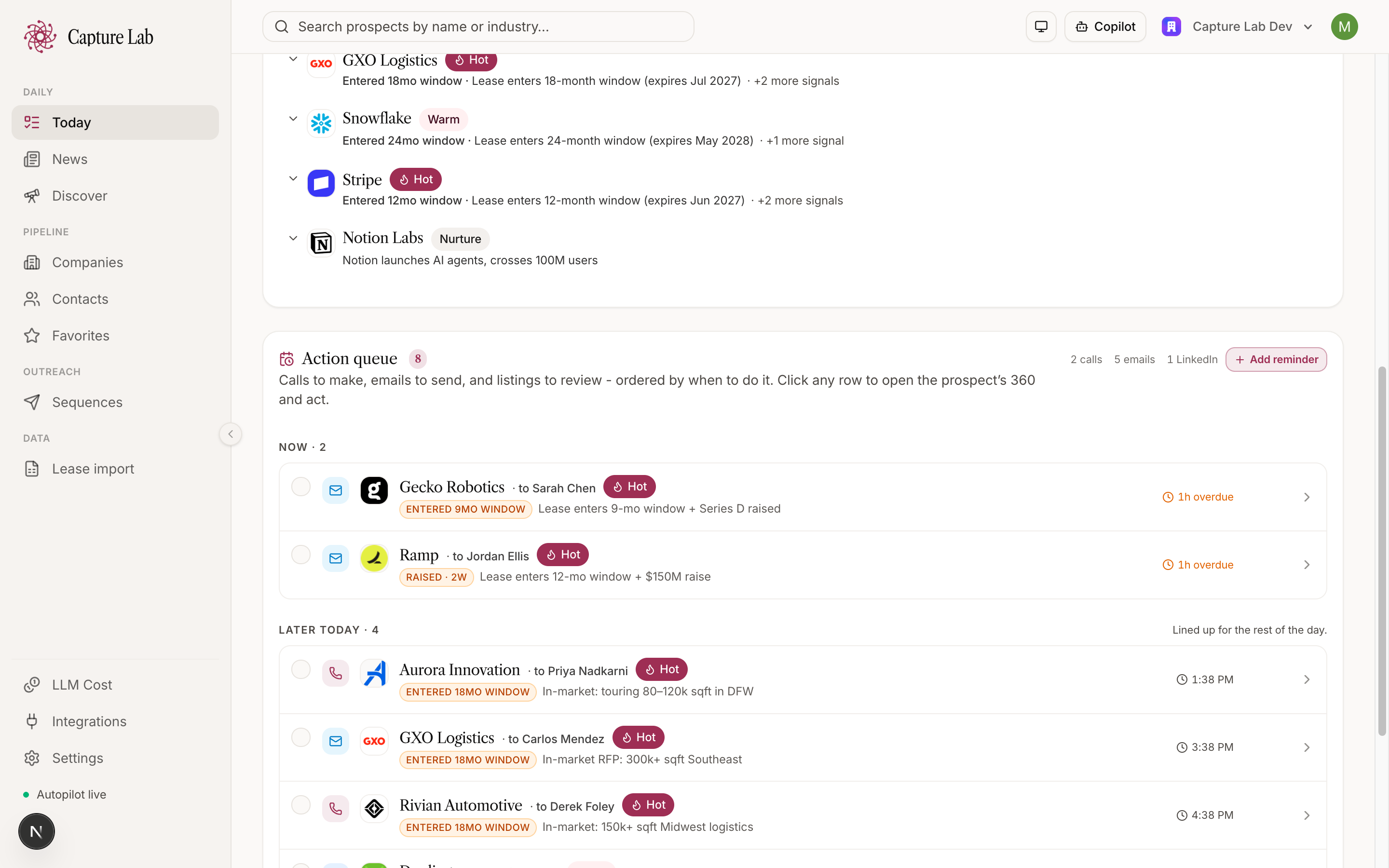 Capture Lab Today — the daily action queue of prospects with drafted outreach grouped by time block.